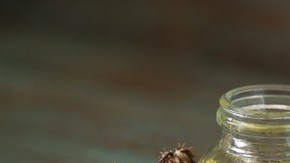 aceite de ricino en frasco de vidrio