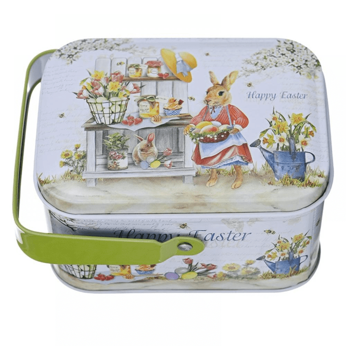 caja de metal con conejo de pascua