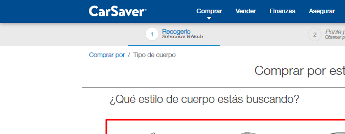 Selección de tipo de vehiculo página web de CarSabver