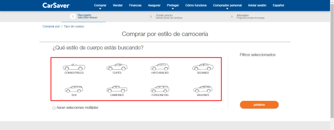 Selección de tipo de vehiculo página web de CarSabver