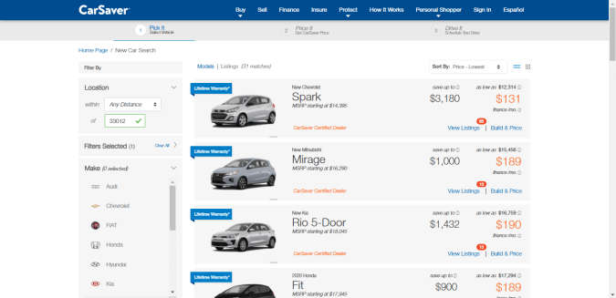 Selección de vehículo en página web de CarSabver