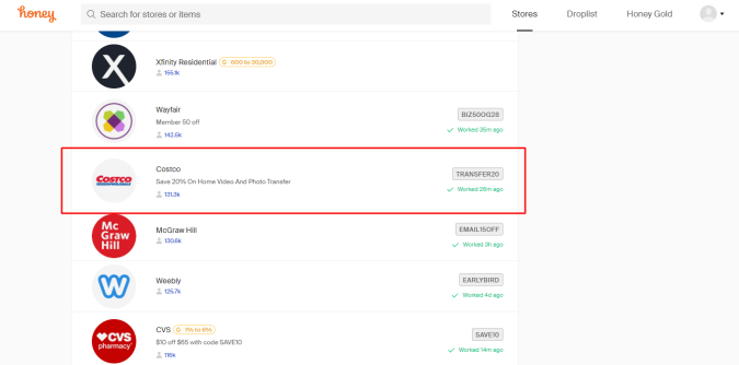 Pantalla de selección de compañia en Honey