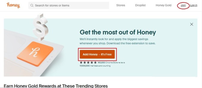 Pantalla de inicio en Honey