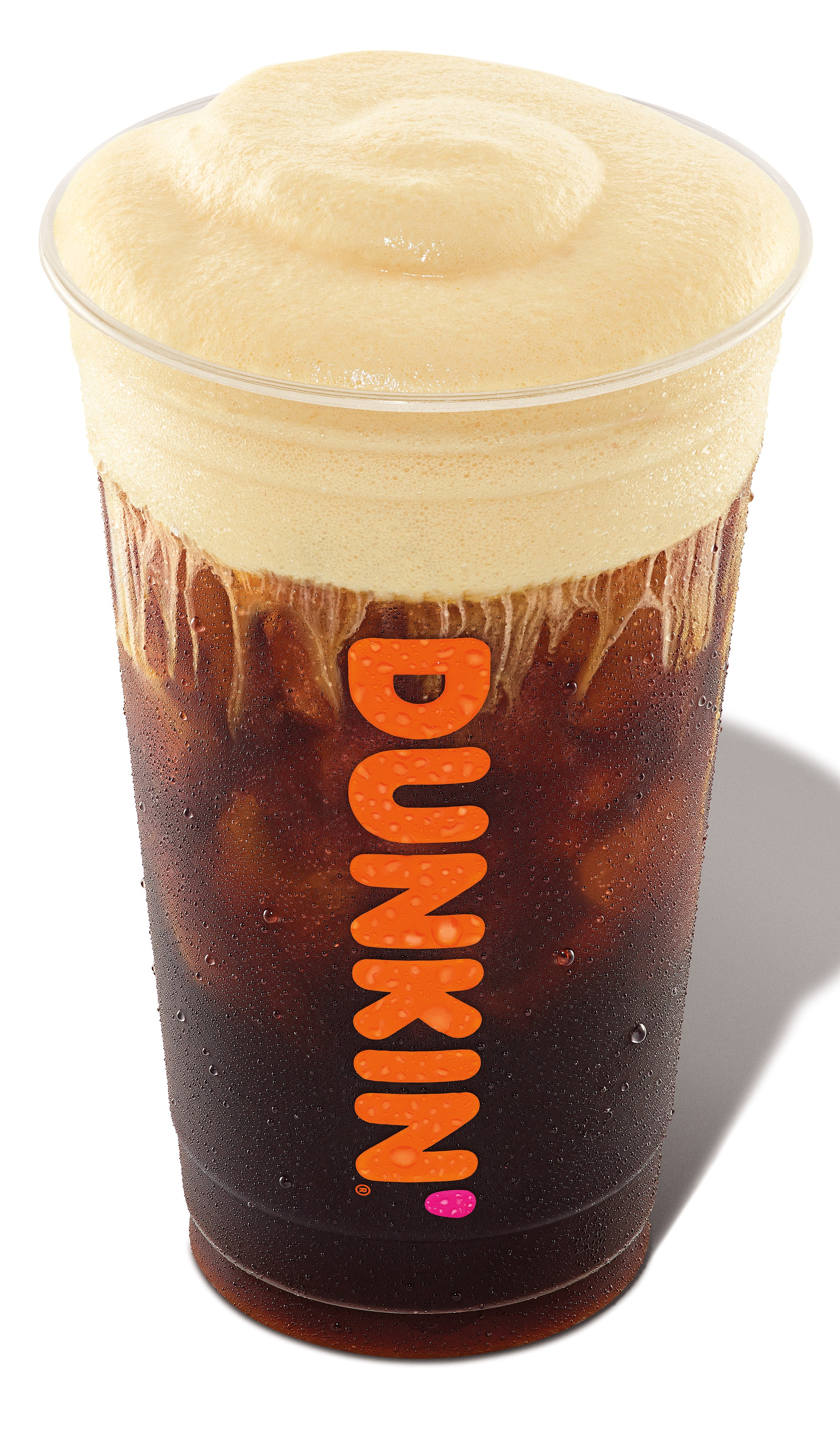 2021 Q1 Window 5 Retouched Product Image (Library Perspective):
Pumpkin Cream Cold Brew with Cold Foam; branded plastic cup
(image + shadow + white background/transparency)