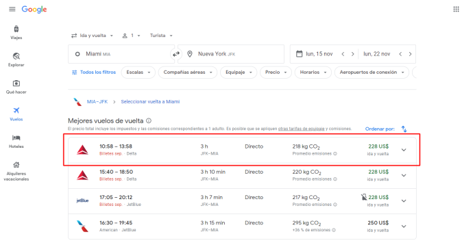 Vuelo de Miami a Nueva York Google Flight