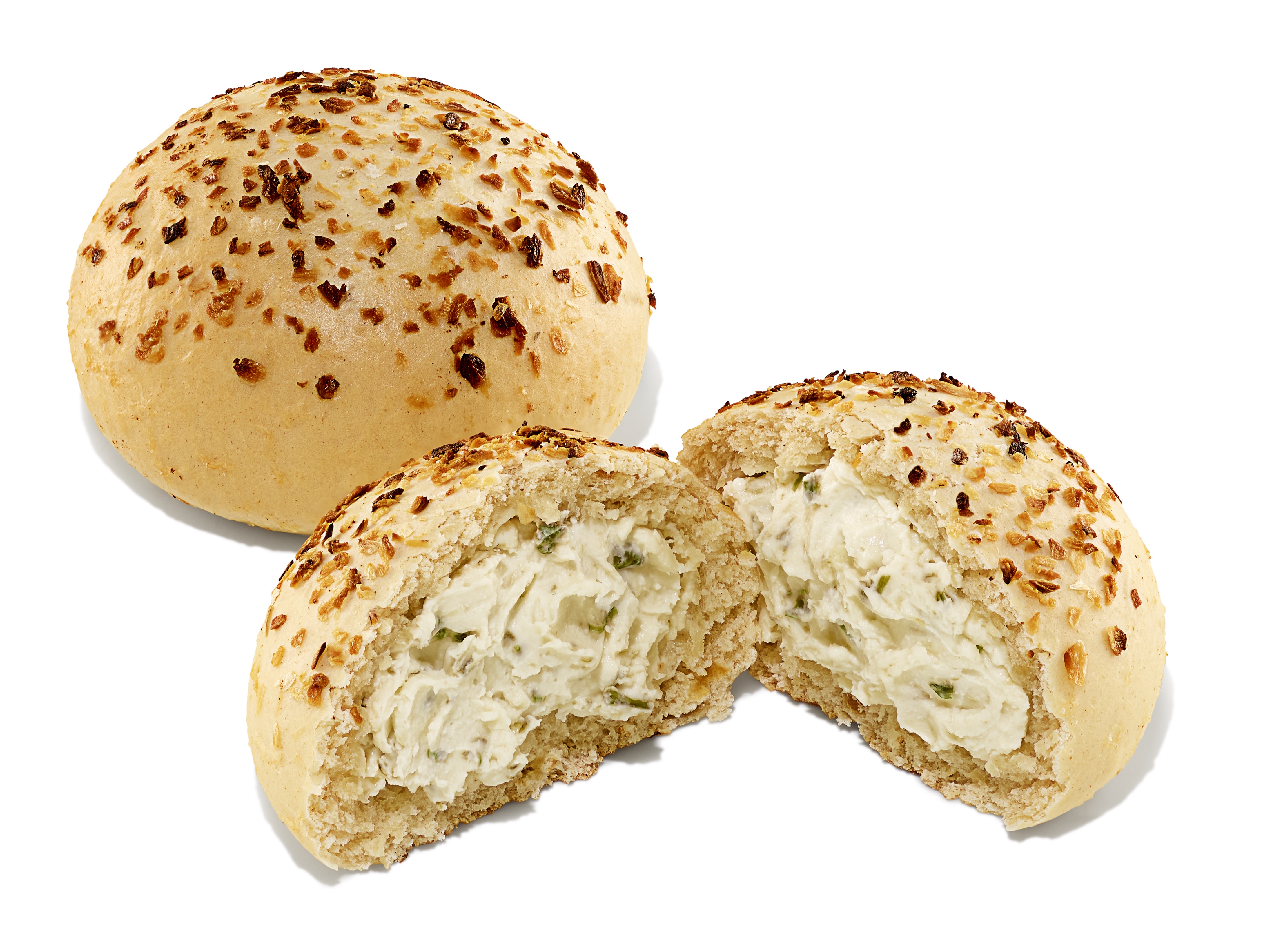 2021 Q1 Window 3 Retouched Product (Library Perspective) Image: Chive & Onion Bagel Minis (2); one cut open
(image + shadow + white background/transparency)