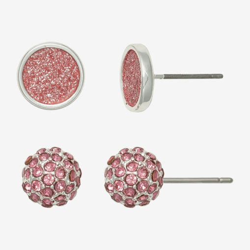 2 pares de aretes plateados con detalles en rosa Mixit Glass