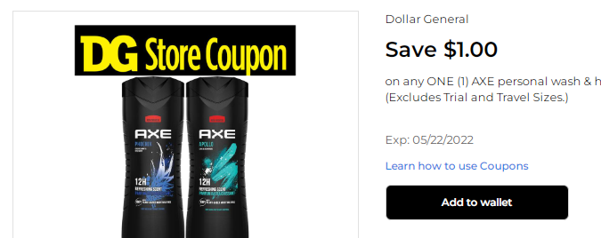 Cupón de $1 de descuento en jabón líquido para hombres Axe de Dollar General
