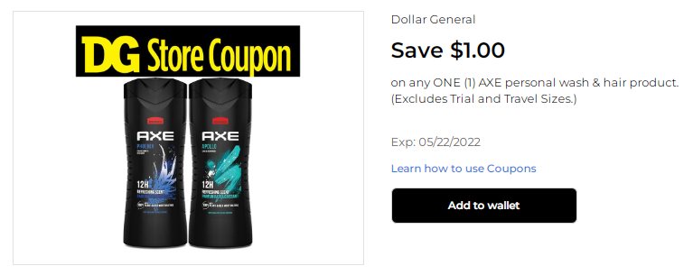 Cupón de $1 de descuento en jabón líquido para hombres Axe de Dollar General