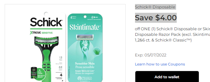 Cupón de $4 de descuento en rasuradoras masculas Schick de Dollar General
