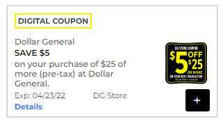 cupón de $5 descuento Dollar General