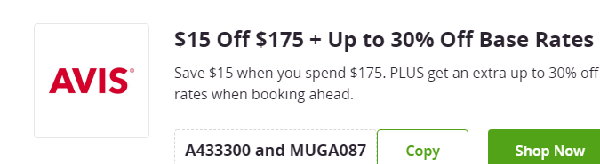 Cupón de $15 de descuento en pedidos que acumulen unos $175 en Avis de Groupon