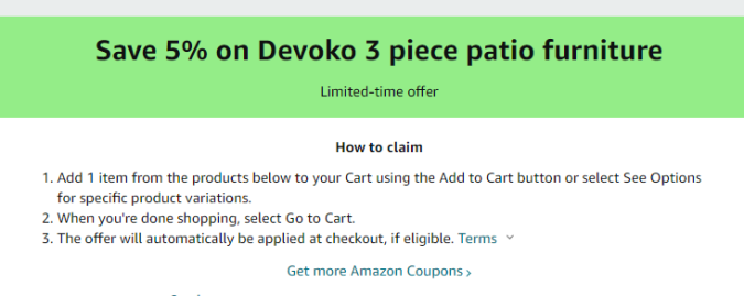 Cupón de 5% de descuento en set de muebles para patio de Amazon