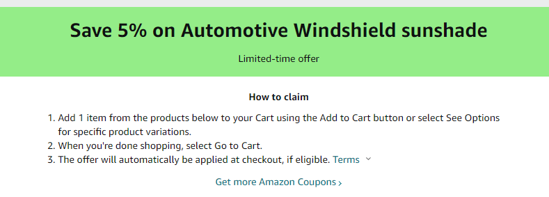 Cupón de 5% de descuento en tapasol para parabrisas de autos de Amazon