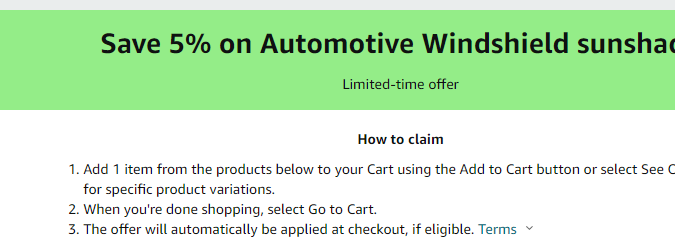 Cupón de 5% de descuento en tapasol para parabrisas de autos de Amazon