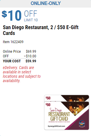 2 Tarjetas de regalo para restaurante San Diego