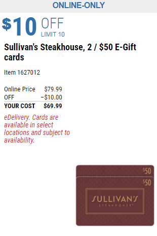 2 Tarjeta de regalo para restaurante Sullivan's Steakhouse