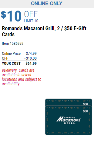 2 Tarjetas de regalo para Restaurante Romano's Macaroni Grill