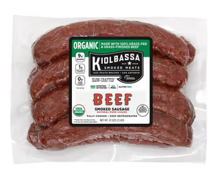 Paquete de salchichas de carne de res alimentada con pasto orgánico Kiolbassa