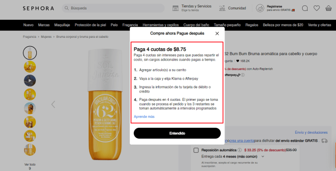 Condiciones de Pago de Afterpay en Sephora