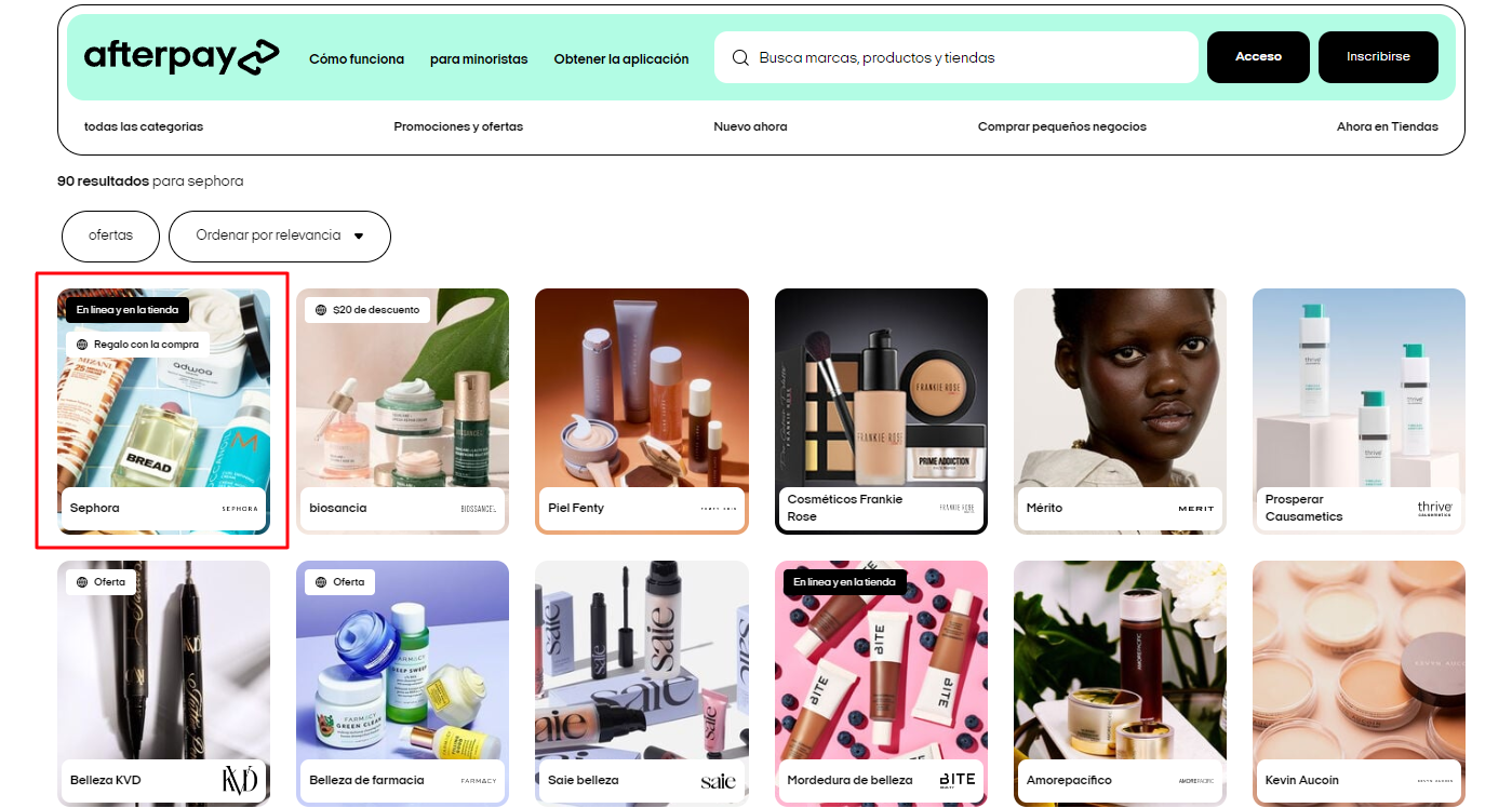 Pantalla de búsqueda Sephora Afterpay