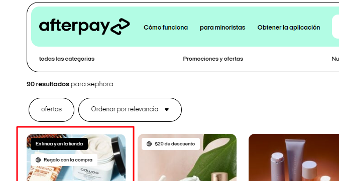 Pantalla de búsqueda Sephora Afterpay