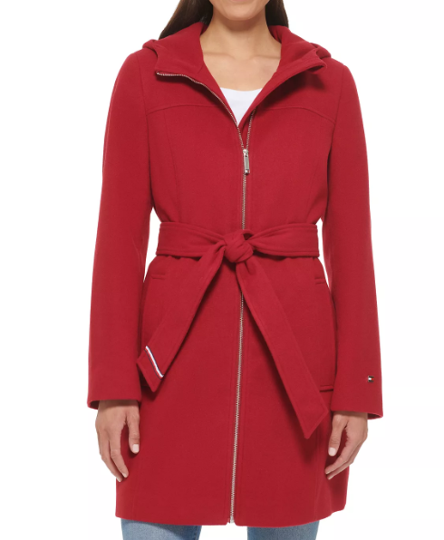 Abrigo rojo parta dama con cinturón y capucha Tommy Hilfiger