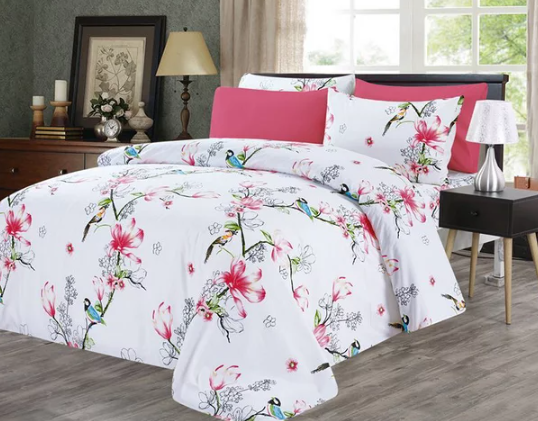 Juego de sábanas blancas con estampado de flores rosas Home Sweet Home Dreams