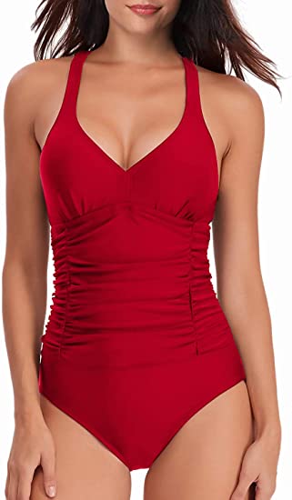 Traje de baño de mujer rojo de una pieza con escote en v SHELY en Amazon