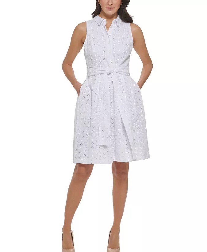 Vestido de dama blanco de corte bajo y cinturón Tommy Hilfiger