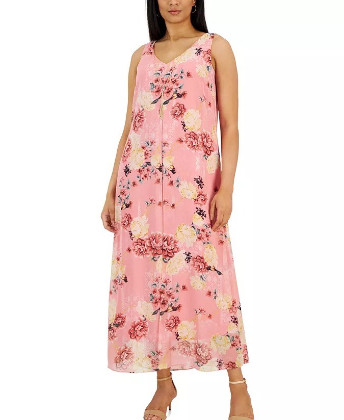 Vestido de dama larga de corte ancho y estampado floral Jm Collection