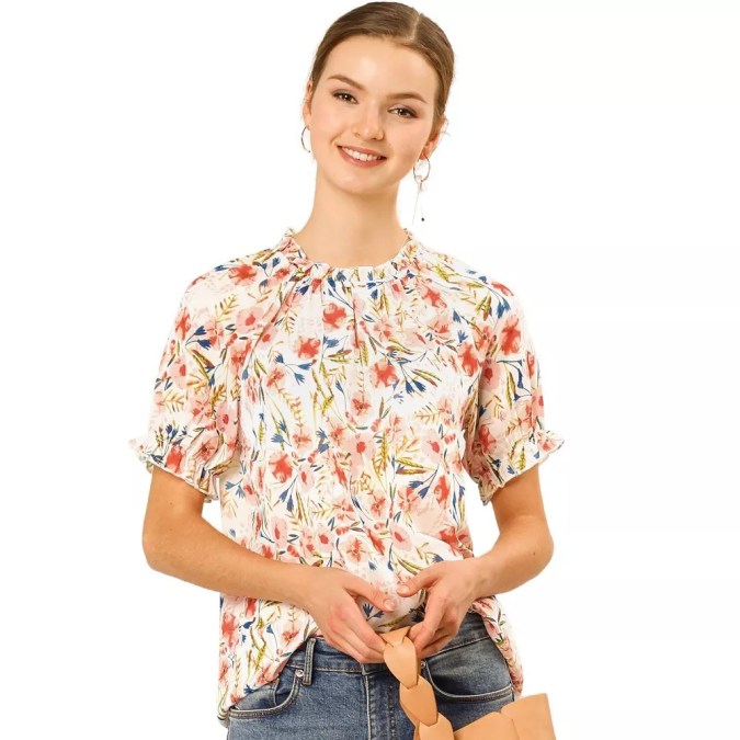 Blusa de dama de cuello redondo y estampado floral Allegra K