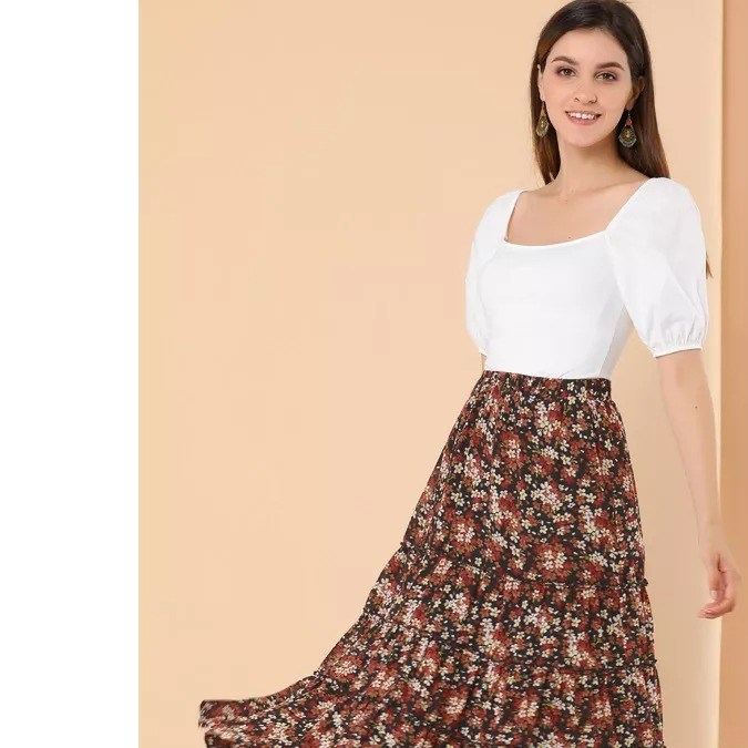 Falda de dama de corte largo y estampado floral Allegra K