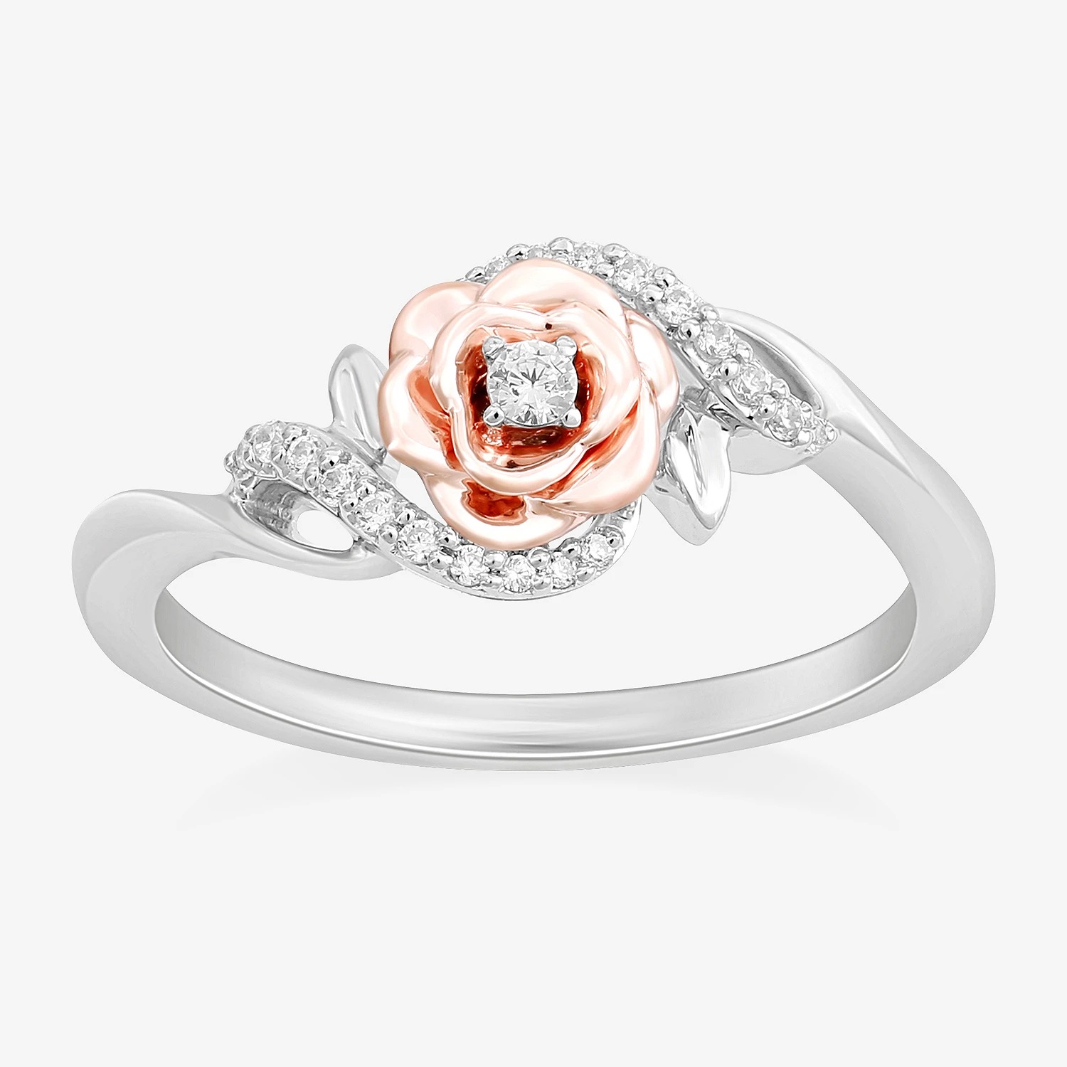 Anillo de plata con rosa de oro rosa con detalles de diamantes blancos