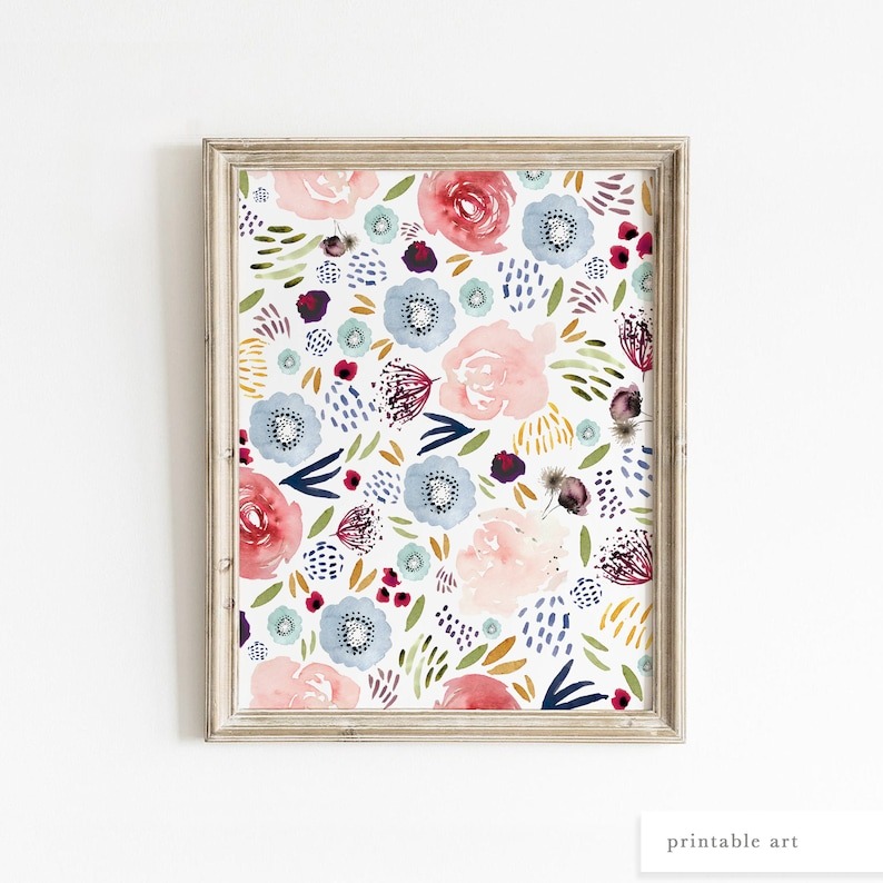 Cuadro con marco de madera y arte de flores de acuarela