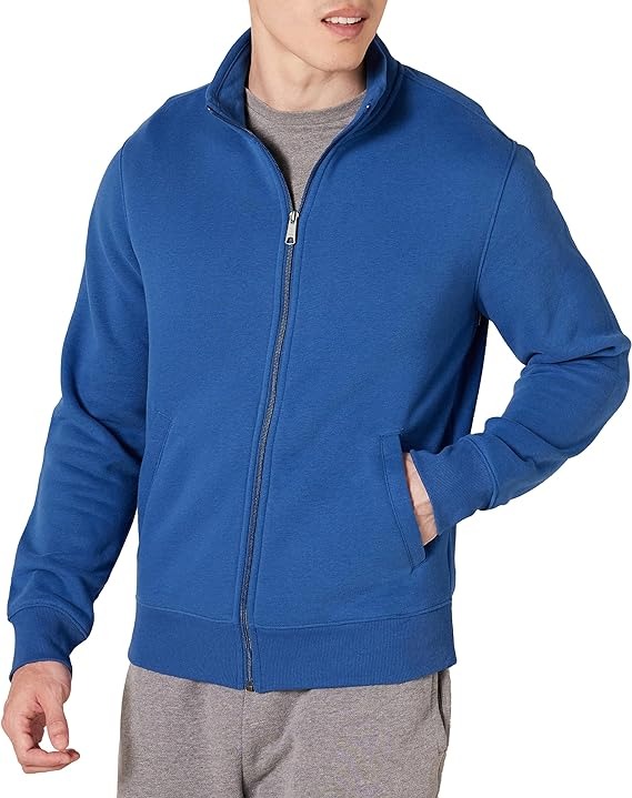 Suéter azul de cremallera para caballeros Amazon Essentials