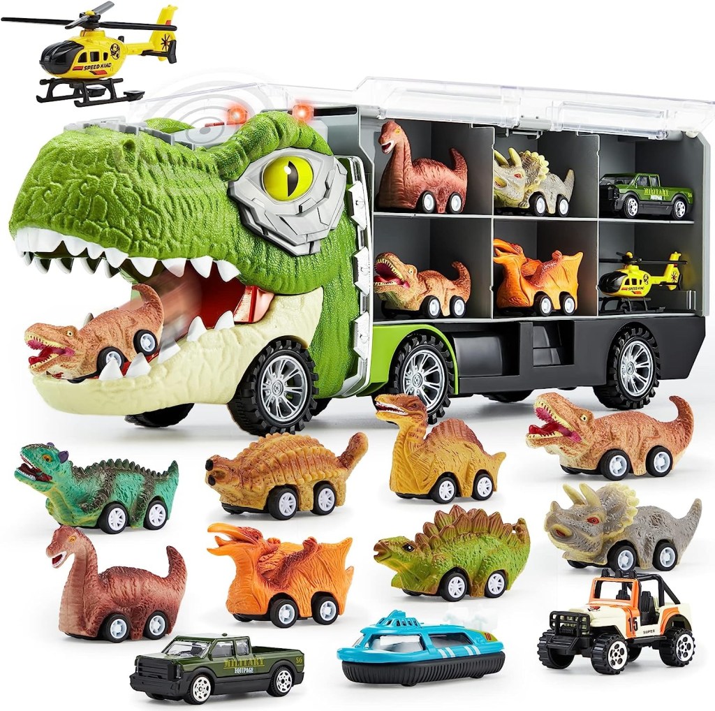 Camión de dinosaurio con vehículos de animales
