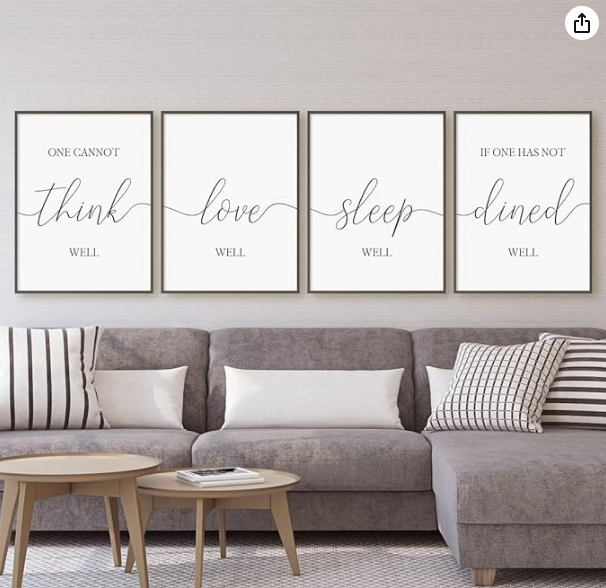 Inspira tu espacio con el juego de impresiones en lienzo de DOLUDO. La cita "One Cannot Think Well Love Well Sleep Well if One Has Not Dined Well" cobra vida por solo $44.99. Encuentra estas obras de arte en la tienda de DOLUDO y transforma tu sala de estar.