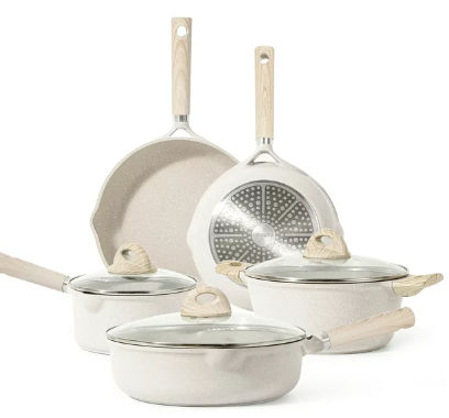 Transforma la cocina con el set Carote Nonstick de 8 piezas en tono Beige Granite. Ahorra $175.01 al adquirirlo por $64.99 en lugar de $240.00. Con una calificación de 4.7 estrellas basada en 5207 reseñas, este conjunto de utensilios de cocina de inducción combina elegancia y eficiencia para hacer de cada comida una experiencia excepcional.