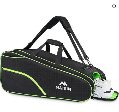 La Bolsa de Tenis MATEIN con capacidad para 6 raquetas es la elección perfecta para jugadores profesionales. Con compartimento para zapatos, bolsillo enfriador y correa de hombro extraíble, esta mochila convertible está disponible por solo $39.99 en la tienda de MATEIN.