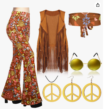 "Sumérgete en la era hippie con el Conjunto de 7 piezas Haull para mujer, diseñado para capturar la esencia de los años 60 y 70. Este completo disfraz incluye pantalones bohemios acampanados, un chaleco con flecos, diadema de flores, aretes y collar de signo de paz, junto con lentes de sol retro.