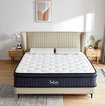 Maximiza tu confort con el colchón Sofree Bedding de 12 pulgadas. Híbrido de espuma viscoelástica, soporte de borde fuerte, y precio actual de US$229.99.