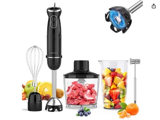 Haz que la preparación de alimentos sea más fácil con la Licuadora de Inmersión de Mano Abuler. Sus 12 velocidades y accesorios versátiles la hacen ideal para batidos, sopas y más. ¡No te pierdas el descuento del 6% durante esta oferta de primavera y consigue esta licuadora de mano a un precio increíble!