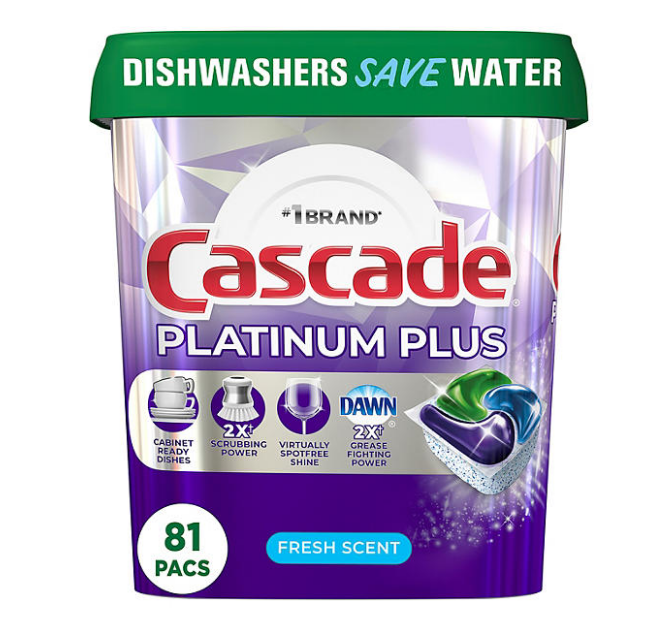 Mantén tus platos impecables con el detergente para lavavajillas Cascade Platinum Plus ActionPacs. Su fórmula avanzada elimina la suciedad más difícil y deja un agradable aroma fresco en cada lavado. Aprovecha el precio actual de $17.98 por 81 unidades y garantiza resultados brillantes en cada ciclo.