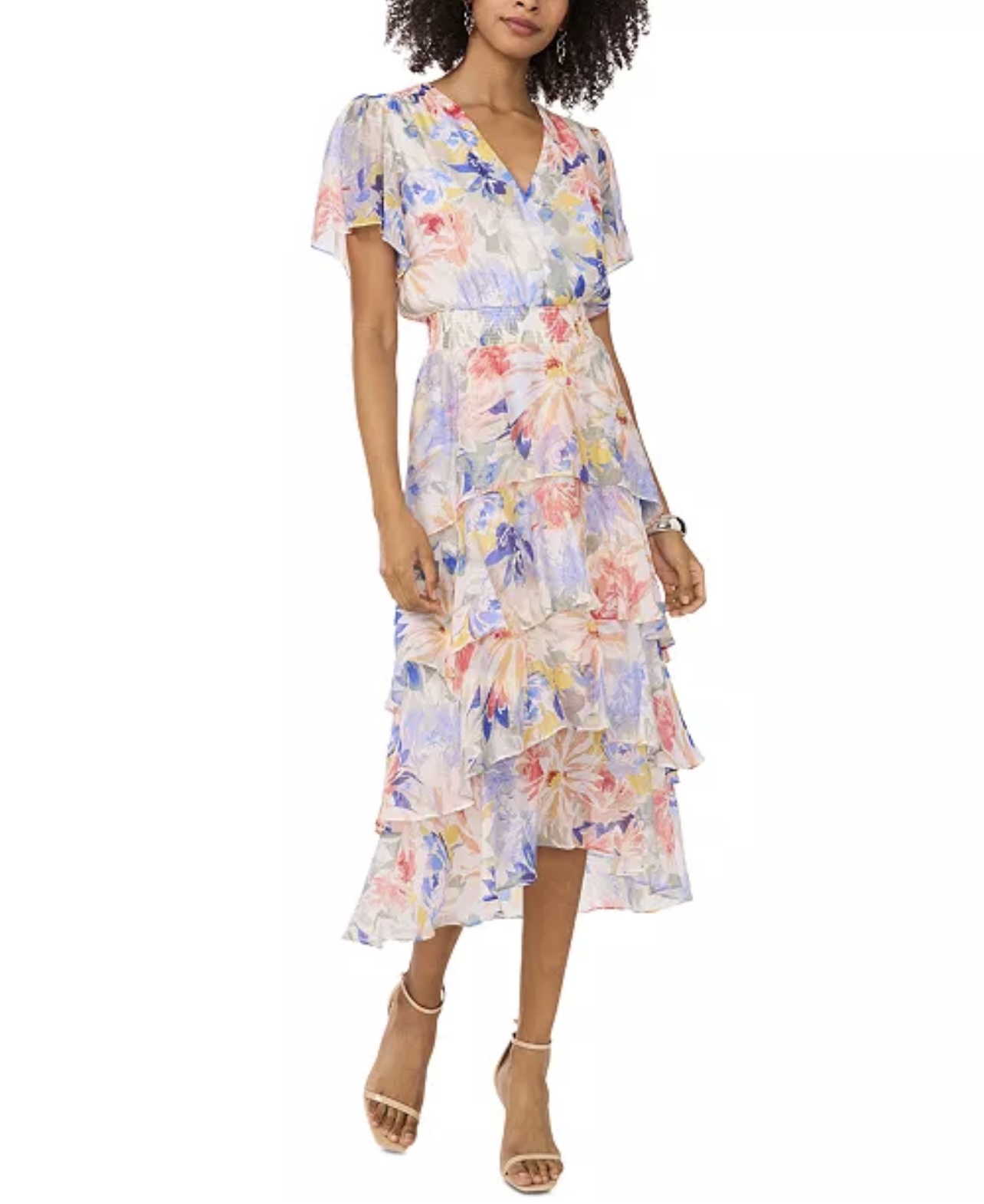 Women's Floral-Print Flutter-Sleeve Tiered Midi Dress