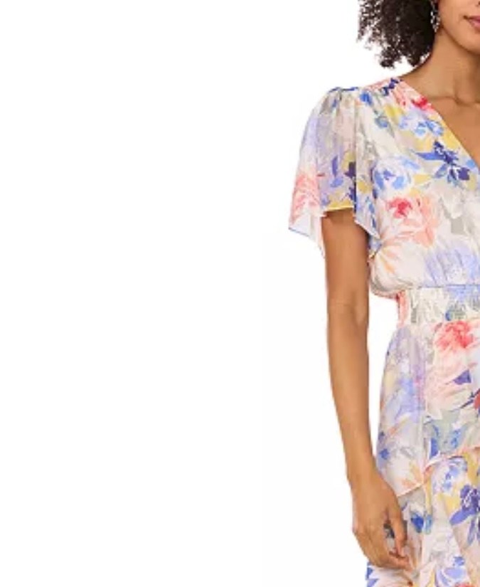Women's Floral-Print Flutter-Sleeve Tiered Midi Dress