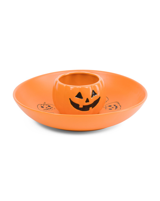 Jack O Lantern Round Chip And Dip Bowl Set de Witch Crafters, disponible en TJ Maxx.